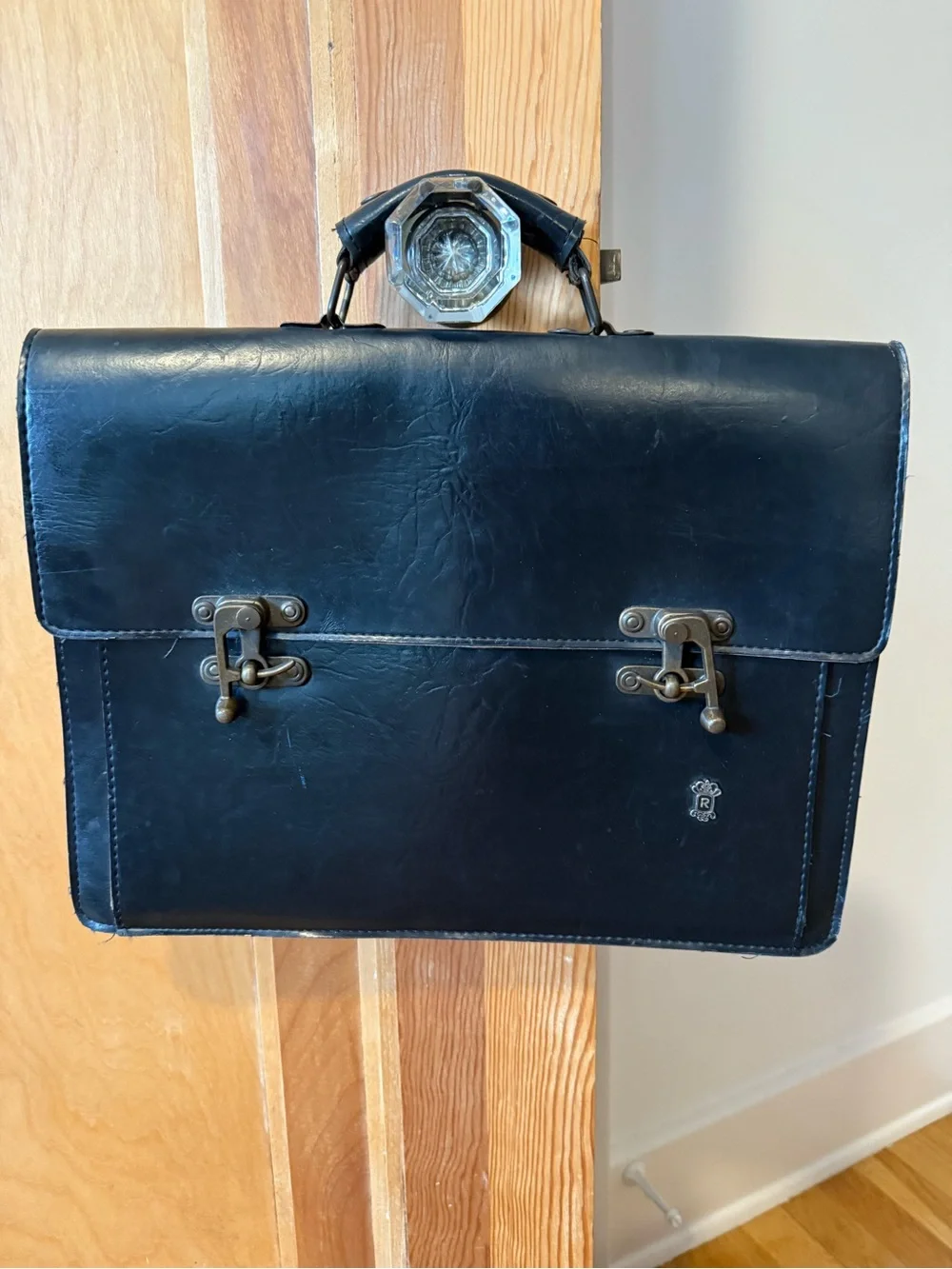 Men's Vintage Black Leather Briefcase with Antique Brass Hardware Work Travel
